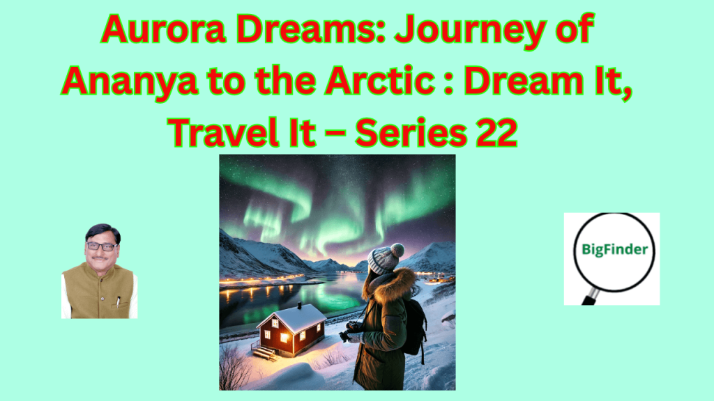 "A solo female traveler standing on a snowy hill in Tromsø, Norway, gazing at the Northern Lights in the Arctic sky. She is dressed in a thick winter coat, gloves, and a woolen hat, with a camera in hand. The background features snow-covered mountains, a frozen lake reflecting the aurora, and a small wooden cabin glowing with warm lights."